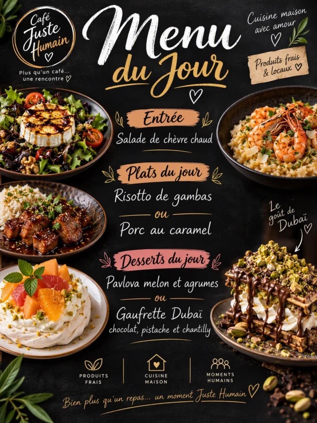 ☀️ Aujourd’hui au Café Juste Humain ☀️
🥗 Salade de chèvre chaud
🍤 Risotto de gambas ou 🐷 Porc au caramel
🍈 Pavlova melon & agrumes ou 🍫💚 Gaufrette Dubaï, chocolat, pistache & chantilly
De la fraîcheur, de la gourmandise et beaucoup d’amour dans l’assiette ❤️
📍 Port Ariane, Lattes ⏰ Service du midi jusqu’à épuisement des plats#montpellier #lattes #gourmandises #faitmaisoncuisine