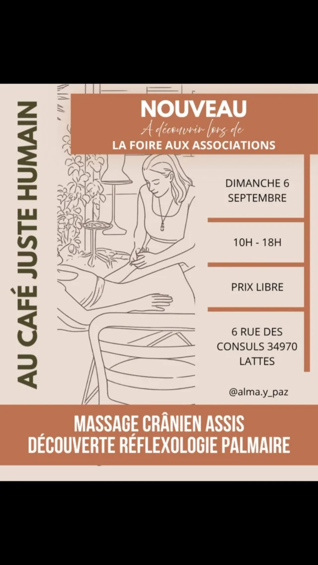 ✨ Réflexologie avec @alma_y.pazMassage crânien assis & découverte réflexologie palmaireDimanche 6 Septembre de 10h à 18h.💵 prix libre📍6 rue des consuls, 34970 Lattes
Au Café Juste Humain#lattes #bienêtre #reflexologie