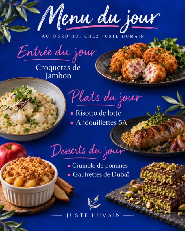 🍴 Plats
• Risotto de lotte, crémeux et généreux
• Andouillettes 5A, servies avec leur salade et leur moutarde et purée🍴 Desserts
• Crumble de pommes, tout chaud et tout doré
• Gaufrettes de Dubaï, chocolat et pistache 🤤Disponibles toute la semaine, venez les découvrir dans notre café solidaire, où l’on vient pour manger, mais aussi pour se rencontrer 🤝📍 Café Juste Humain, Port de Lattes
📞 Pensez à réserver !Des rencontres, des idées, un monde plus juste. ✨#portdelattes #montpellier #faitmaison #risotto
