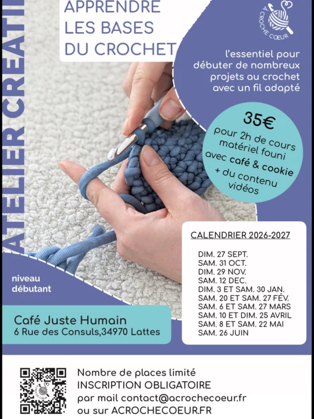 🧶 Ce dimanche 27 septembre, on vous attend pour un atelier crochet niveau débutant, animé par À Croche Cœur !En 2h, vous repartirez avec toutes les bases pour vous lancer dans vos futurs projets crochet — matériel fourni, et un petit café & cookie inclus pour la pause ☕🍪 + du contenu vidéo pour continuer à progresser chez vous.📍 Café Juste Humain — 6 Rue des Consuls, 34970 Lattes
💶 35€ (2h de cours, matériel compris)
📅 Dimanche 27 septembre⚠️ Places limitées — inscription obligatoire :
📩 contact@acrochecoeur.fr
🌐 acrochecoeur.frOn a hâte de vous voir tricoter... euh, crocheter vos premières mailles ! 😄#ateliercrochet #crochetdebutant #cafejustehumain #lattes