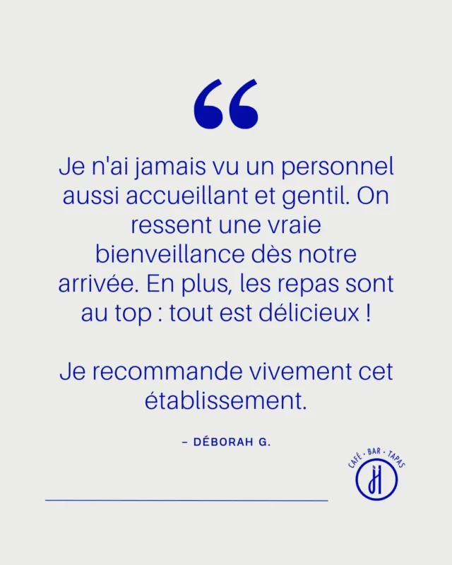 𝗧𝗲́𝗺𝗼𝗶𝗴𝗻𝗮𝗴𝗲 𝗰𝗹𝗶𝗲𝗻𝘁"Je n'ai jamais vu un personnel aussi accueillant et gentil. On ressent une vraie bienveillance dès notre arrivée. En plus, les repas sont au top : tout est délicieux !
Je recommande vivement cet établissement."Merci Déborah pour ton retour et ta super recommandation ! 😁Et vous, comment vous décrivez le Café Juste Humain ?#cafejustehumain #portariane #lattes #avisclient #humain
